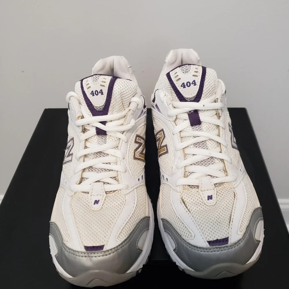 New Balance White and Silver Athletic Sneakers with Purple Accents